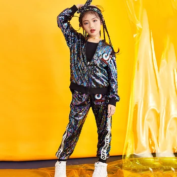 

Jazz Child Dance Costume Sequins Dance Costumes Long Sleeve Girls Street Hip Hop Dance Set Personality Autumn Cool Suit DL3284