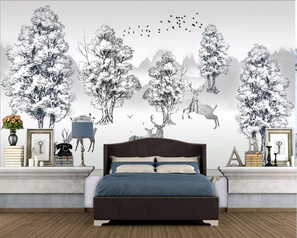 

Пользовательские обои в скандинавском стиле, черно-белый лес, лось, пейзаж, фон для телевизора, украшение для дома, 3d обои