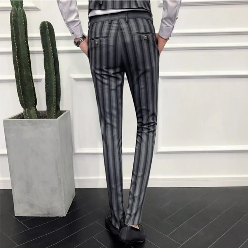 Fashion Men Striped Pants Black Gray Slim Youth Mens Suit Pants Size 28-36 Business Leisure Trousers Man