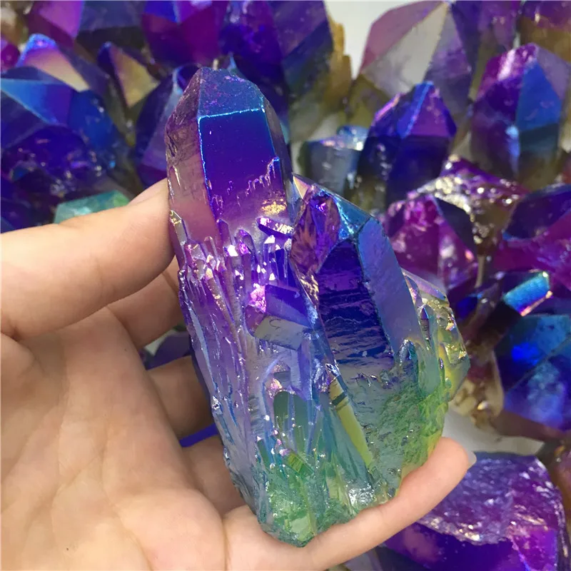 Красивый Красочный Фиолетовый Желтый Синий кварцевый кристалл Aura титановый