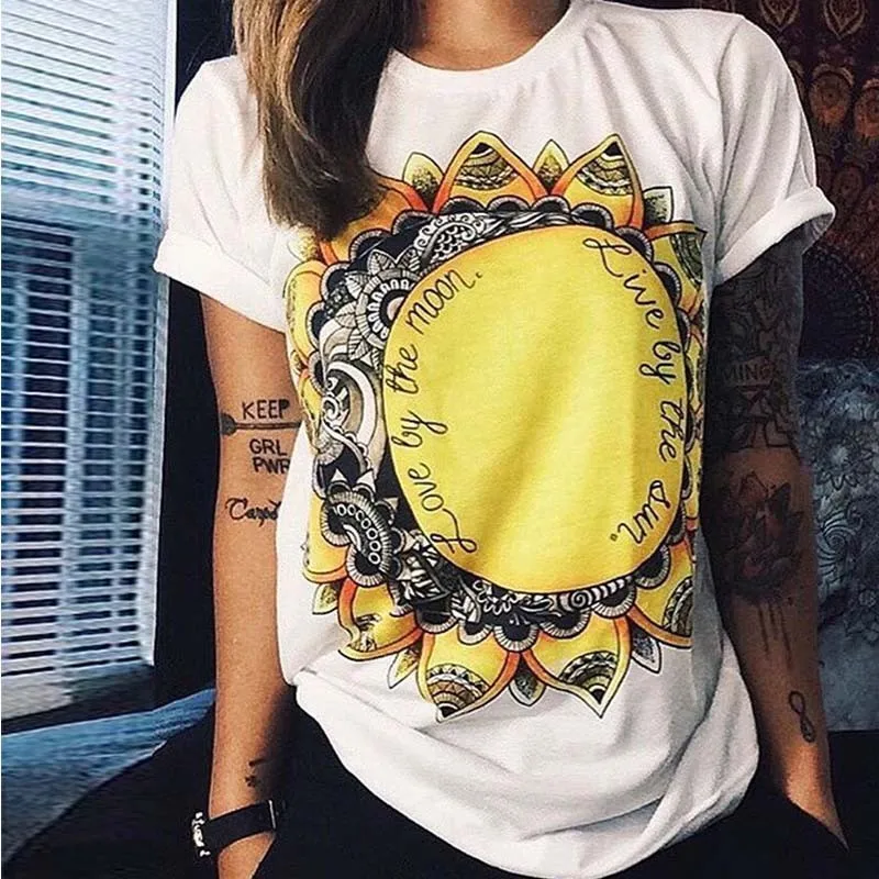 2016 spring and summer new fashion personality sunflowers printed short-sleeved cotton T-shirt Women Tops White T shirts S2025