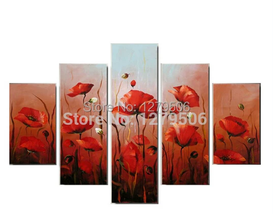 

100% Pure Hand-painted Paintings On Canvas Wall Art Oil Painting Red Flowers 5Pcs/set Home Decoration For Your Best Choice