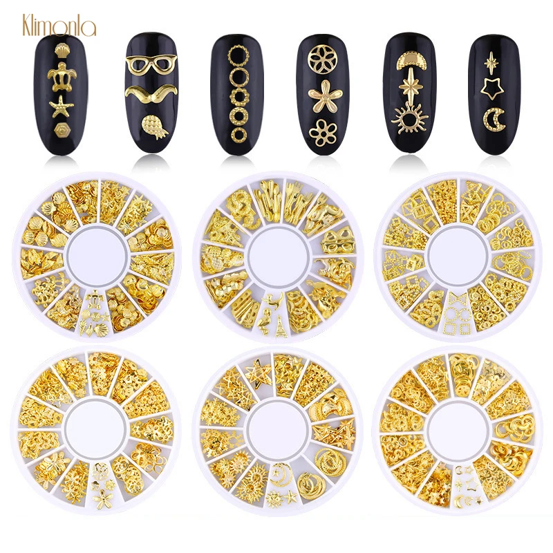 

1 Wheel 3D Gold Nail Rhinestone Stud Rivets Hollow Moon Star Flower Shape Nail Art Gems Decoration DIY Salon Manicure Decors