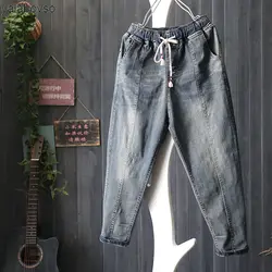 Середины талии свободные джинсы с покрытием эластичный пояс мода повседневные штаны-шаровары женский лоскутное хлопковые брюки женщина A0f