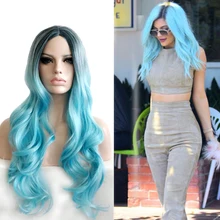 Middle Part Black Blue Ombre Anime Cosplay Wig Synthetic Hair Long Wavy Two Tone Halloween Costume Party Wigs For Women Middle Part Black Blue Ombre Anime Cosplay Wig Synthetic Hair Long Wavy Two Tone Halloween Costume Party Wigs For Women