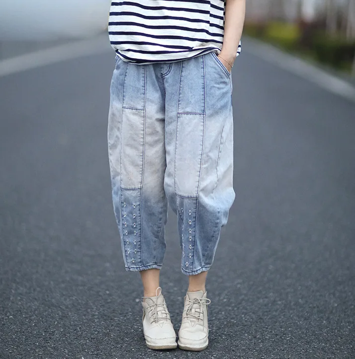 

Summer Retro Bleached Denim Jeans Women Washed Loose Wild Ankle-Length Harem Pants Cowboy Spliced Distressed Jeans Fashion