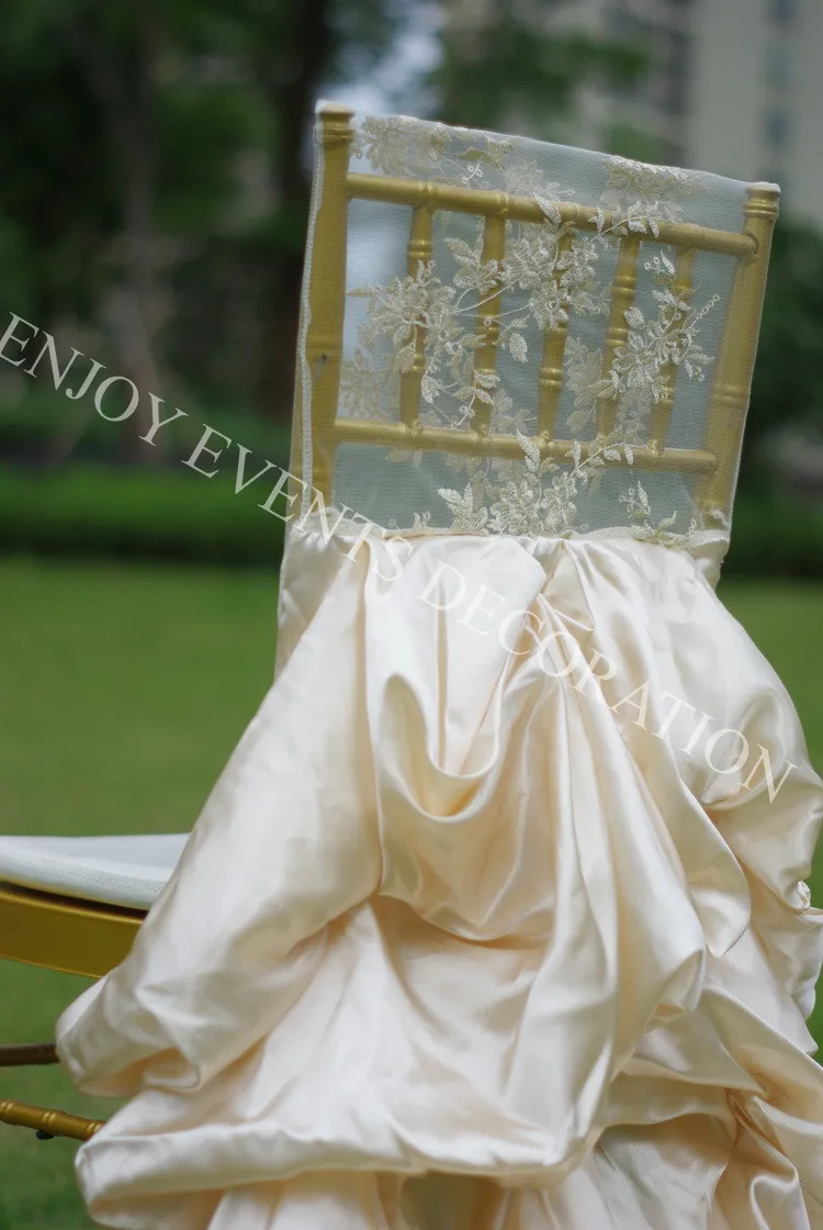 YHC#146-3 fancy elegant embroidery ruffled wedding bridal chair back cover polyester banquet wedding chiavari chair back covers
