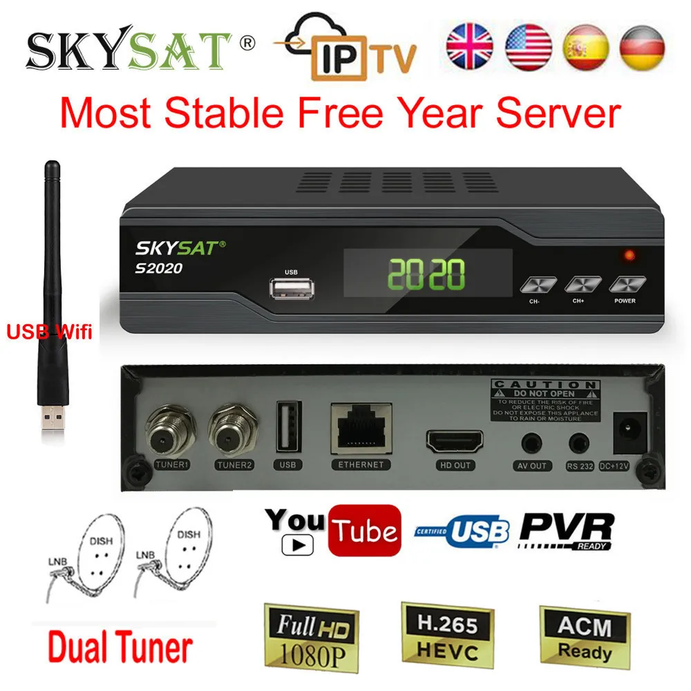 H.265 Brasil Most Stable Server Cline Receptor skysat S2020 Twin Tuner DVB S2 ACM Satellite Receiver IKS SKS IPTV M3U HD 1080P