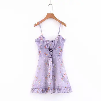 

Vestidos Feminina Small Fresh Openwork Wooden Ear Strap Dress Banquet Dress England Style Sexy Spaghetti Strap Mini Print Dress