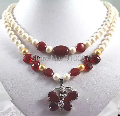 

LHX54013>>Fashion 2 Strands White freshwater Pearl & Red Crystal Dragonfly Necklace