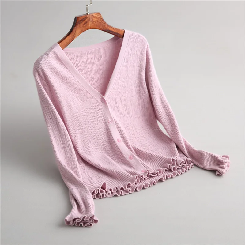 

2019 spring women's sweater casual solid color V-neck long-sleeved wooden ear decorative cardigan sweater