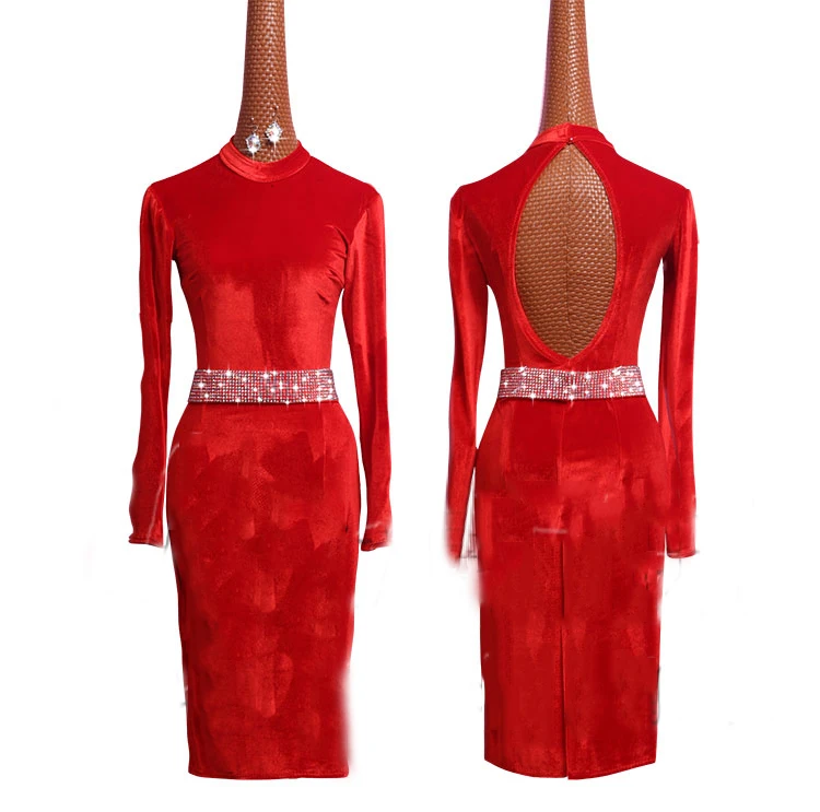 Красный бархатный латинский танец платье с длинным рукавом латинский бальный сальса платье Румба Танго танцевальное шоу сценические костюмы BL1412 - Цвет: Dress and Belt