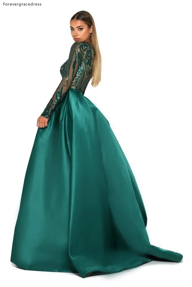 Saudi Arabia Long Sleeves Mermaid Evening Dresses 2018 Dubai Kaftan Muslim Emerald Green Glitter Sequined Formal Prom Party Gowns  300 (8)