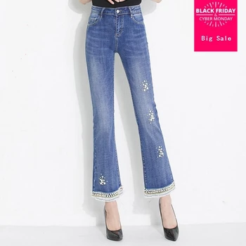 

L-6XL Plus size 100% cotton Flare jeans 2020 summer beading demin fabric jeans was thin with stretch jeans wj2647 dropshiping