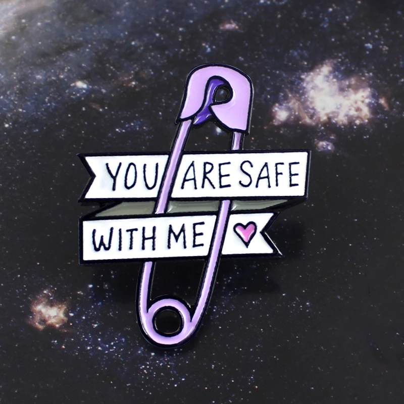 

Jisensp Pin Love Ribbon Brooch Purple Paper Clip Heart You Are Safe With Me Enamel Pin Jeans Backpack Badge Friends Family Gifts
