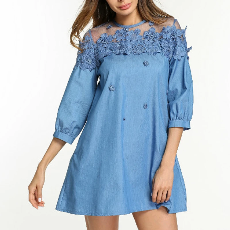 

Plus Size Jeans Dresses 2019 New Arrival Lace Bead Patchwork Summer Women Denim Dresses Half Sleeves Loose A Line Dresses 203i3