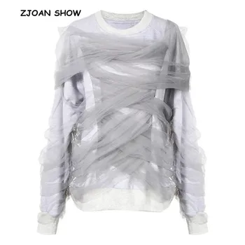 

New 2018 Women Stiching Lacing up Cross Mesh O neck Hoodies Sweatshirt Sexy Autumn Winter Pullover Jumper Casual Sweats Outwear