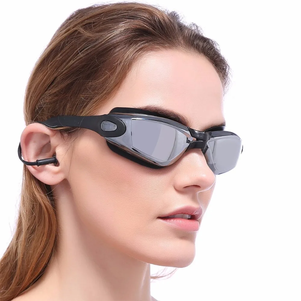 Очки для плавания Anti UV Antinieble для взрослых с силиконовым уха Вилки и Защитный чехол унисекс для Для мужчин Для женщин молодой черный Цвет