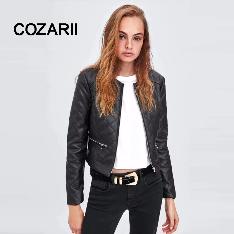 

COZARII 2018 winter jacket casaco feminino england style PU argyle zipper solid regular jackets women bomber jacket plus size