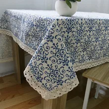 Envío Gratis tela de lino de algodón mantel de mesa azul cerámica Vintage Rectangular mantel de encaje borde cena mantel B132