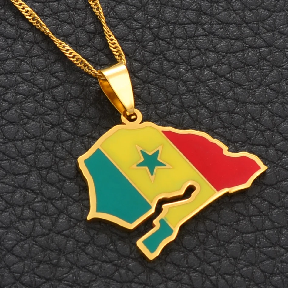 Anniyo Senegal карта кулон в форме флага цепи ожерелья золотой цвет ювелирные изделия карты страны Сенегальские патриотические подарки#111921