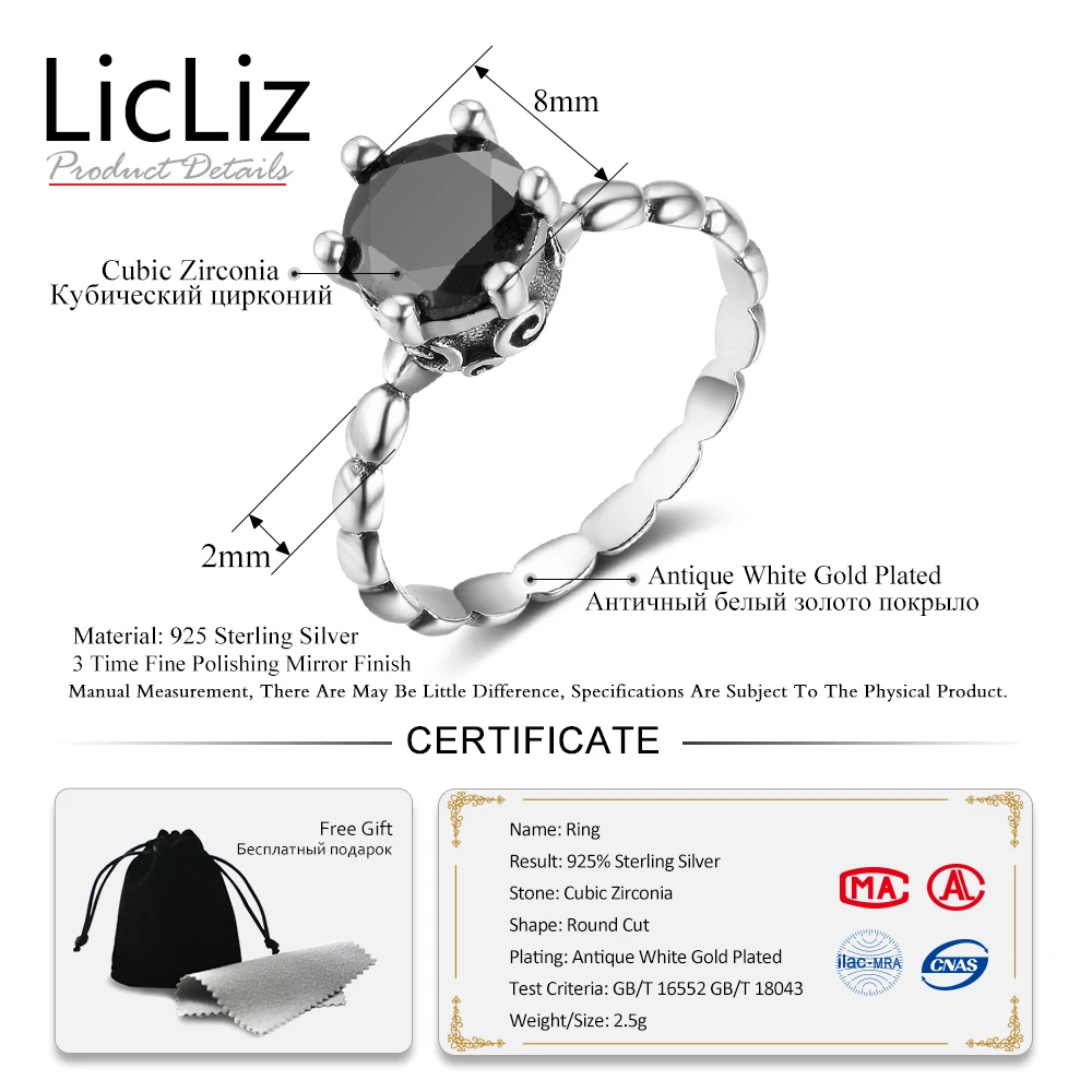 LicLiz 925 стерлингового серебра CZ пасьянс кольцо для женщин Письмо Бесконечность Корона кольцо черный фианит кольцо вечности LR0483