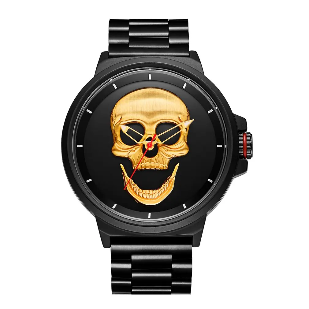 

Fashion Cool 3D Skull Punk Men Watch Luxury Steel Gold Black Vintage Male Quartz Watches Business Clock Relogio Masculino