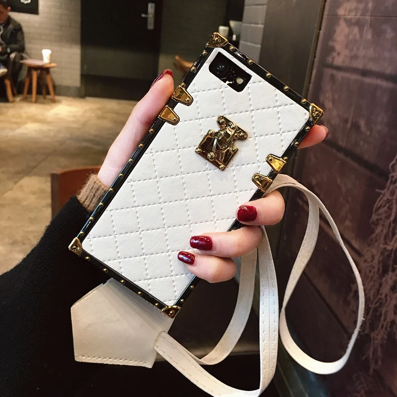 luxury Square case for iphone 7 plus girl Plaid pattern PU leather