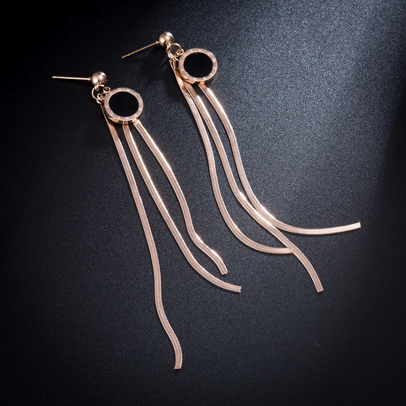 

New Design Roman Circle Tassel Titanium Steel Earrings Rose Gold Engagement Wedding Earrings For Women Brincos RN01069