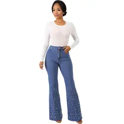 Винтажные широкие джинсы с высокой талией и жемчужинами для женщин, элегантные женские джинсы с высокой талией и бусинами, большие размеры