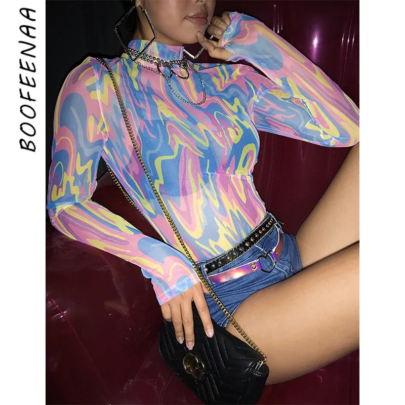 BOOFEENAA красочные полосы Sheer Mesh сексуальные боди Для женщин топы с длинными рукавами See Through Комбинезон тела костюмы весна 2019 C94-I30