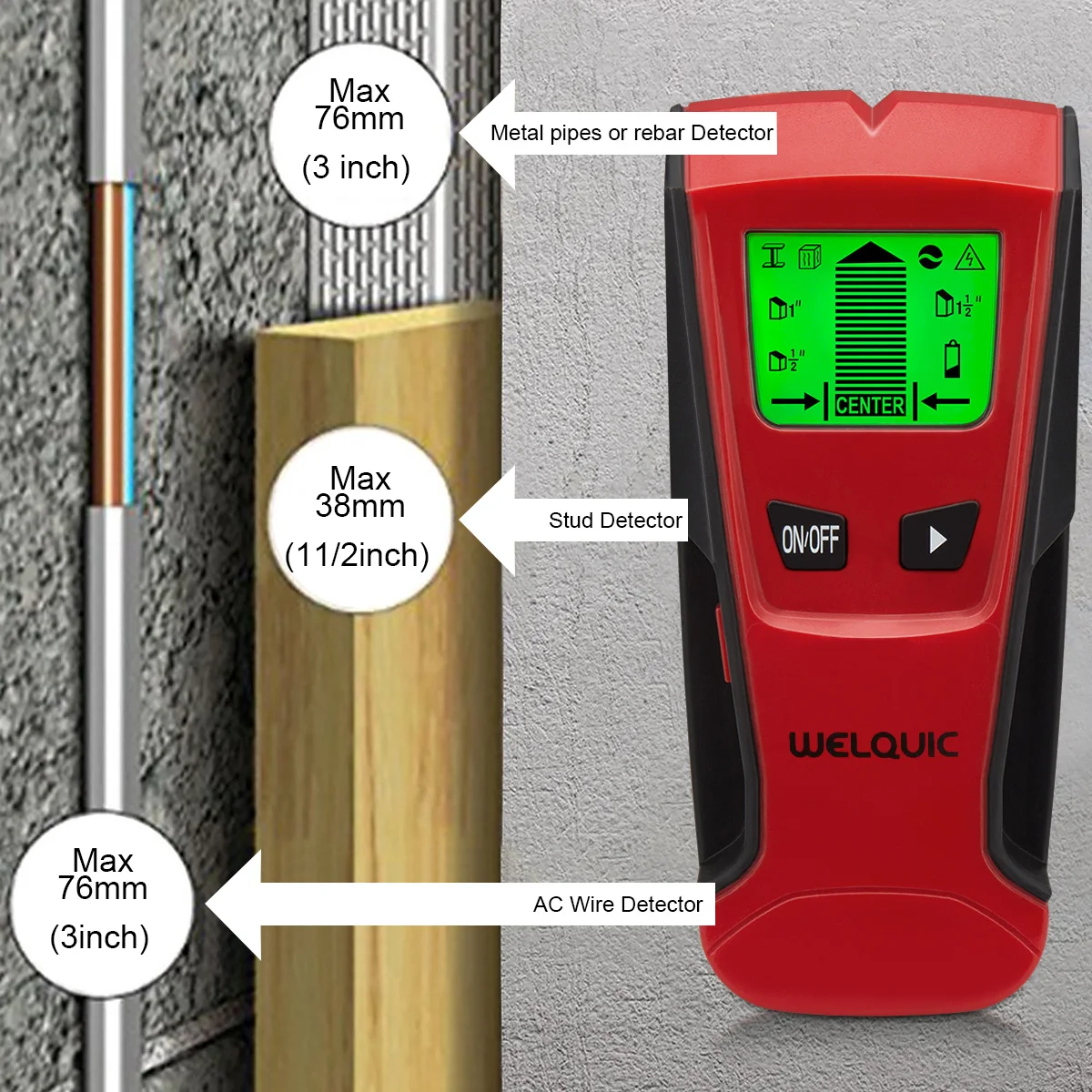 Welquic 3 In 1 Metal Detectors Find Metal Wood Studs AC Voltage Live