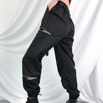 

Street Style Chic Hippie Pants Women Streetwear Summer 2019 Black Pockets Zipper Open Hip Hop High Waist Trousers