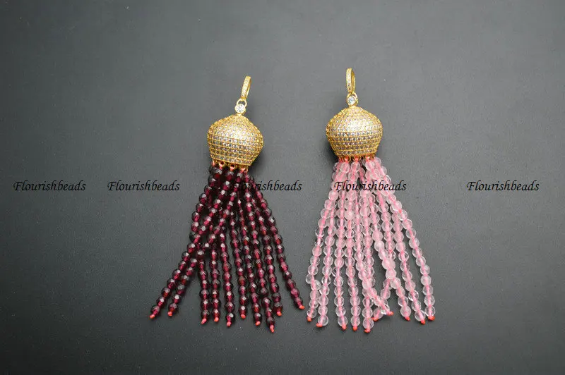 Natural Faceted 3mm Garnet / Rose Quartz / White Howlite Turquoise Round Seed Beads Tassel Pendants Paved CZ Metal Crown Cap