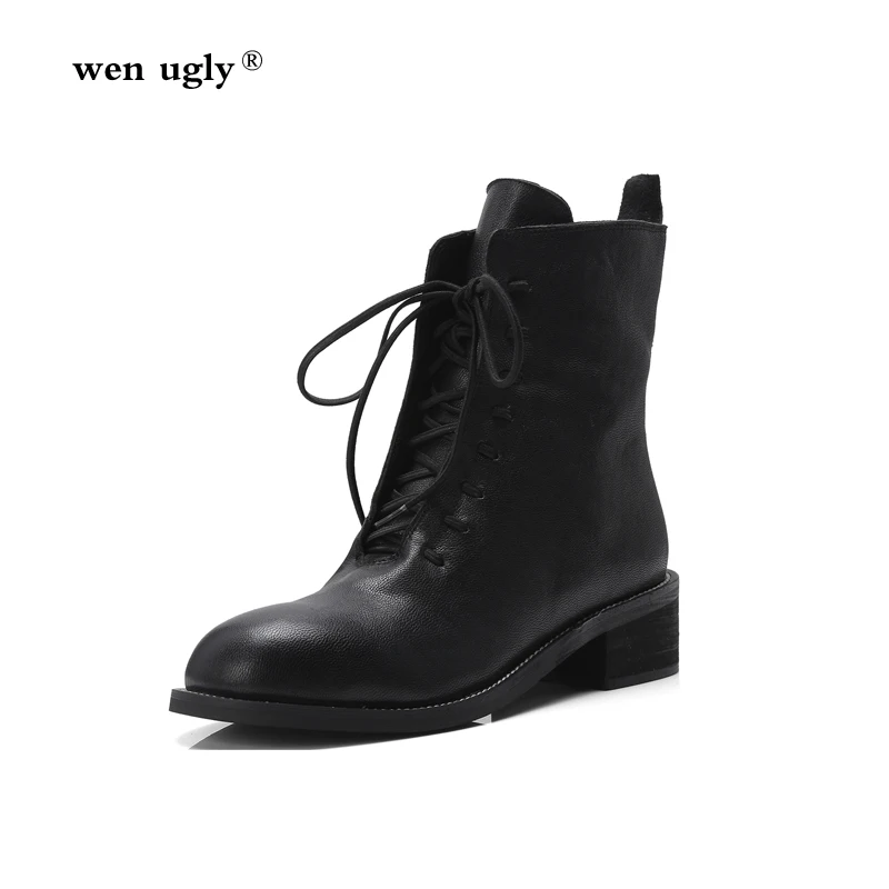 

wen ugly Leather Martin boots women's booties 2018 autumn women's shoes white black retro ankle boots fashion women's boots