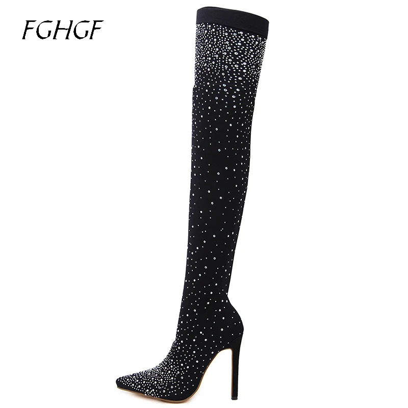 

2018 Fashion crystal long women boot shiny stiletto heel pointed toe elastic fabric slip on hot sale winter long boots women