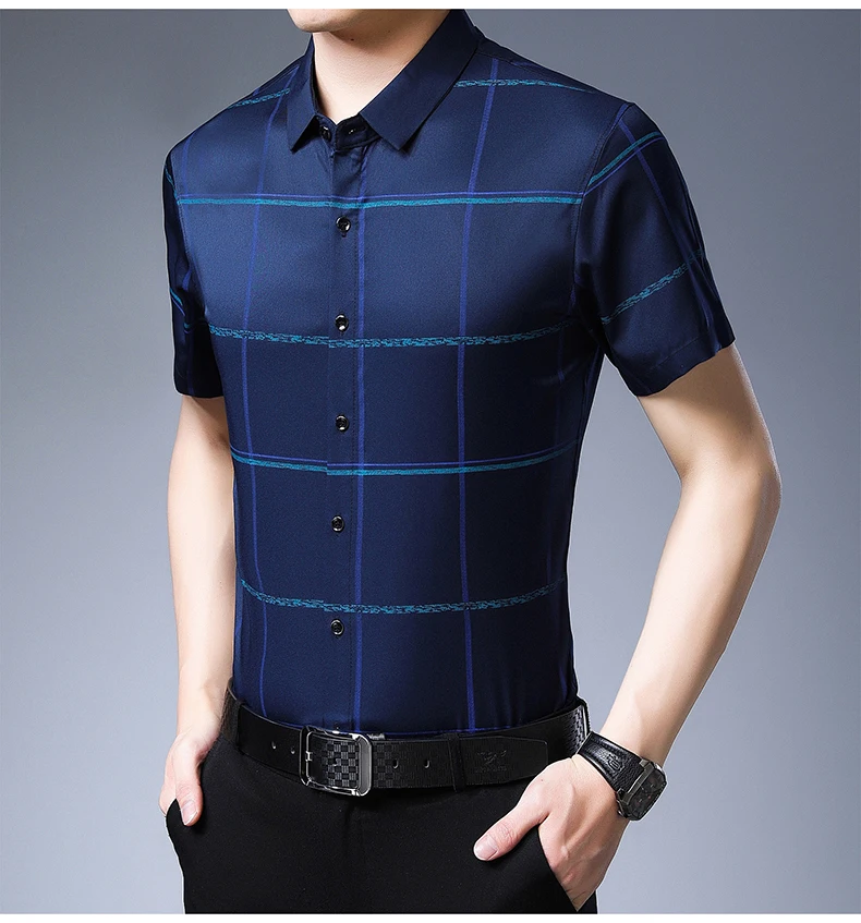Брендовая Повседневная летняя Роскошная облегающая Мужская рубашка в клетку с коротким рукавом, уличная одежда, мужские модные рубашки Джерси 51514