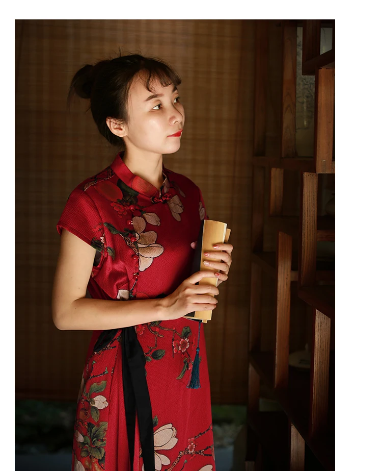 LZJN High Quality Summer 100% Real Silk Print Dress Split Qipao Chinese Style Long Cheongsam Slim Classic Women's Dress Custom (23)