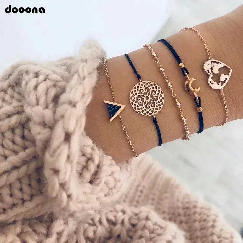 

docona Boho Gold Color Hollow Flower Heart Moon Triangle Multi Layer Bracelet Bangle Set for Women Rope Chains Bracelets 7123