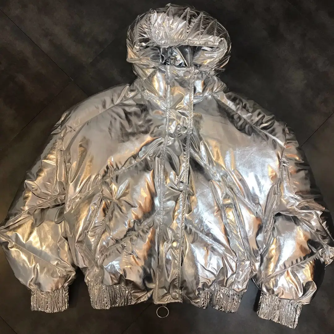 2018 Winter New Silver Parka Jacket Hooded Metal Paint Thickening Trend ...