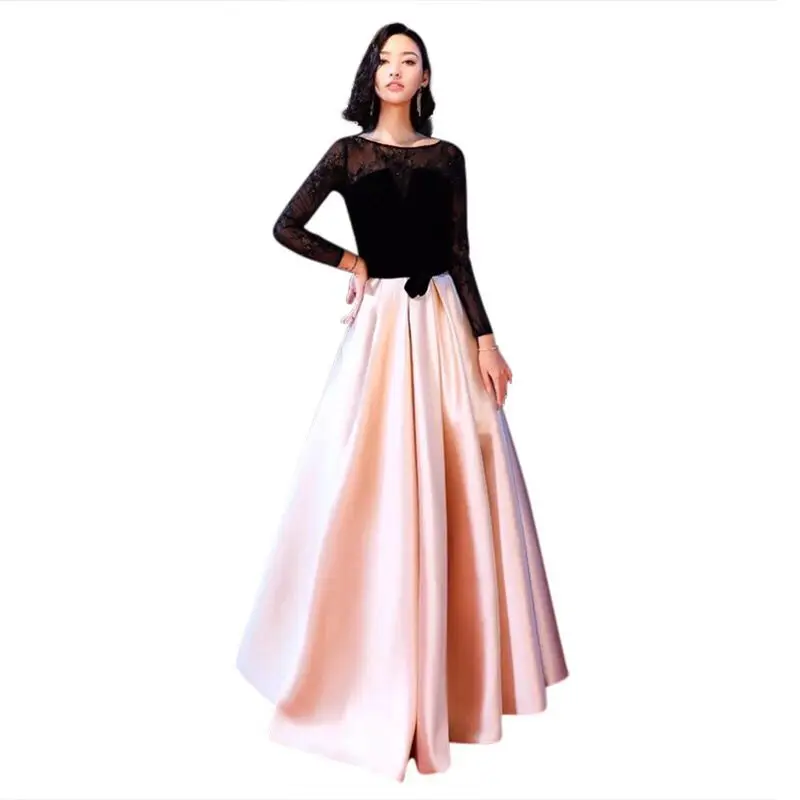 

Custom Made Long Sleeves Champagne Satin Evening Dress 2019 Formal Women Lace Up Robe De Soiree Longue 2018