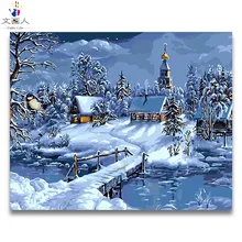 Снежная ночь DIY картины маслом по номерам с комплектами, Снежная деревенская художественная Раскраска по номерам ручной работы с