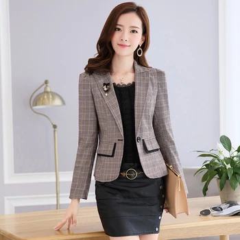 

New High Quality Women Plaid Office Lady Blazer Jacket Fashion Notched Collar Work Suit Elegant Work Blazers Feminino