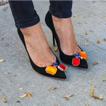 

Fashion Black Satin Women Pointy Toe Pumps Mixed Colors Rhinstone Ladies Sexy High Heels Elegant Wedding Shoes 2018 Party Shoes
