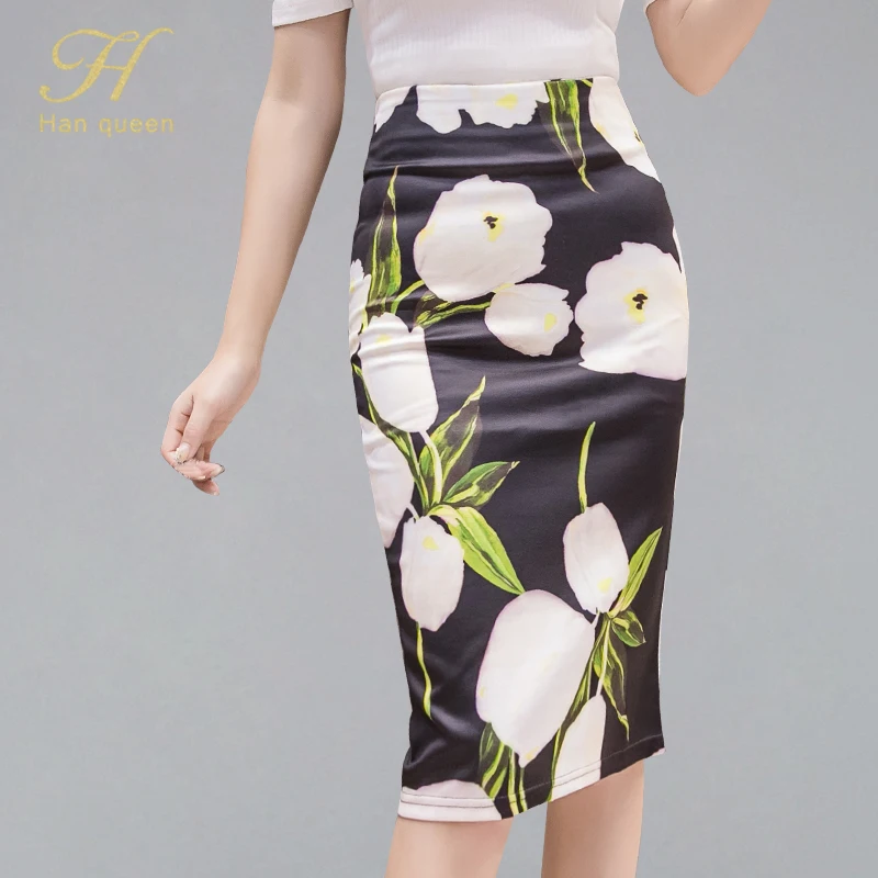 

H Han Queen Women Flower Floral Printed Skirt 2019 Summer New Sheath Bodycon Pencil Skirts OL High Waist Knee-length Skirt Femme