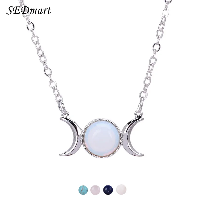 SEDmart, ожерелье с подвеской в виде тройной Богини Луны из опала, исцеляющий кристалл, натуральный камень, ожерелье Сейлор Мун для женщин