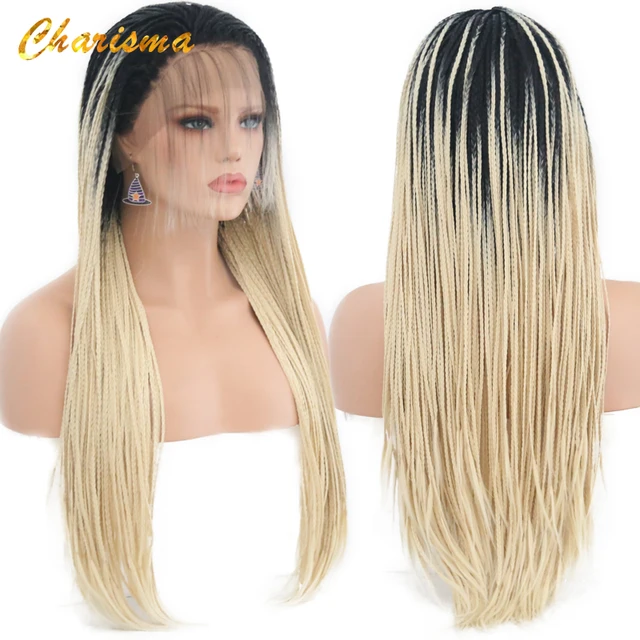 Charisma Synthetic Ombre Hair Lace Wig High Temperature Fiber Hair Long Brown Twists Box Braids Lace Front Wig for Women