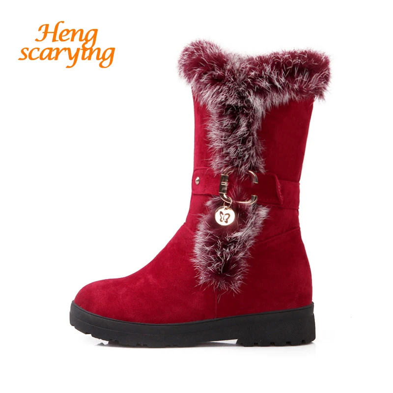 

2018 Women Faux Suede Rabbit Fur Winter Autumn Snow Boots Female Wedges Fashion Plush Warm Rubber Flats Black Boots Fetish Shoes