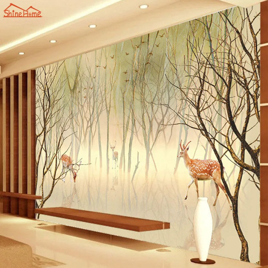 

Fog Forest Sika Deers 3D Cartoon Natural Animal Tree 3d Photo Wallpaper for Walls 3d Floring Mural Rolls Livingroom Decor Decal