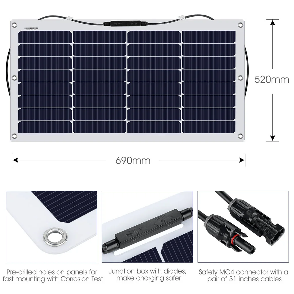 Suaoki 50W semi-flexible DF solar panel Max 600W Solar Charger Waterproof Power Station for Residential roofs verandas RVs Cars